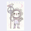 Illustration of an anthropomorphized sunflower character, standing with a peace sign shaped staff with a bird sitting atop it.