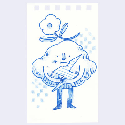 Illustration of an anthropomorphized cloud character, standing and taking a bite out of a lightning bolt.