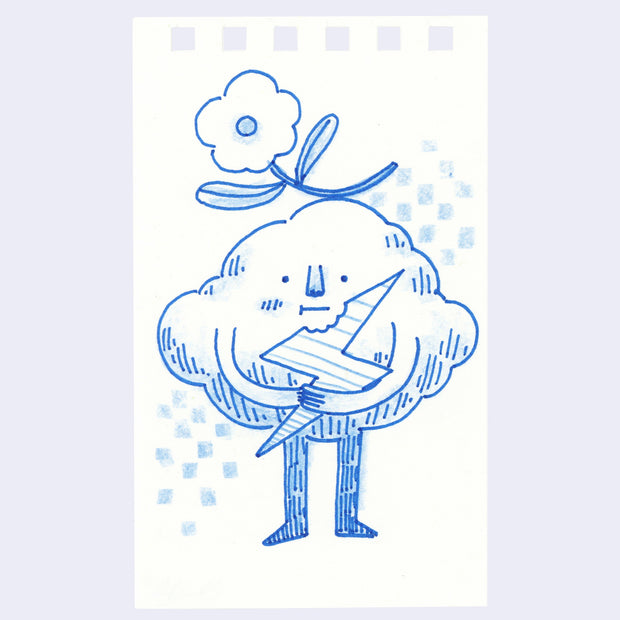Illustration of an anthropomorphized cloud character, standing and taking a bite out of a lightning bolt.