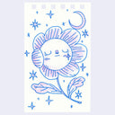 Illustration of a flower with a calm facial expression and stars and sparkles around it.