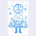 Illustration of an anthropomorphized mountain character holding a sign that says "no war" with a giant peace sign overhead.