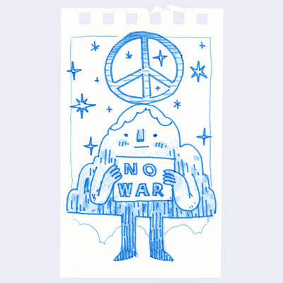 Illustration of an anthropomorphized mountain character holding a sign that says "no war" with a giant peace sign overhead.