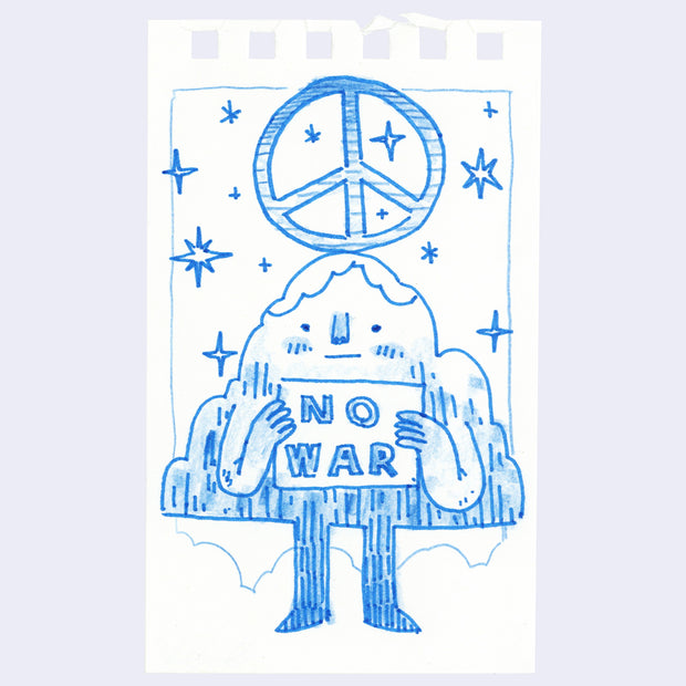 Illustration of an anthropomorphized mountain character holding a sign that says "no war" with a giant peace sign overhead.