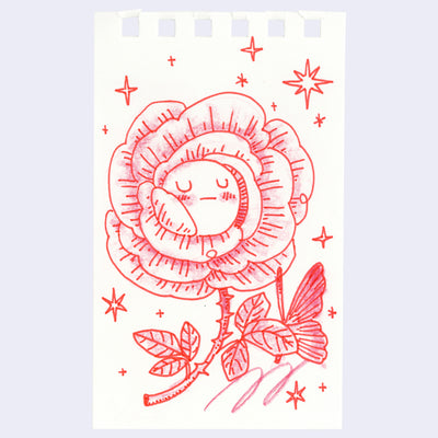 Illustration of an anthropomorphized rose, with a small cartoon face and thorny stem.