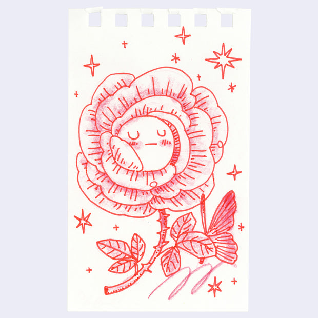 Illustration of an anthropomorphized rose, with a small cartoon face and thorny stem.