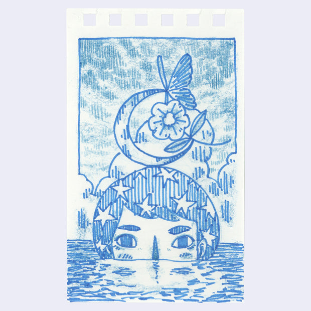 Illustration of a person's head, with star patterned hair, half submerged in water with a crescent moon, flower and butterfly balanced atop its head.