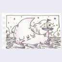 Illustration of an anthropomorphized crescent moon, floating atop of choppy waves with a sailboat balanced atop of its edge.