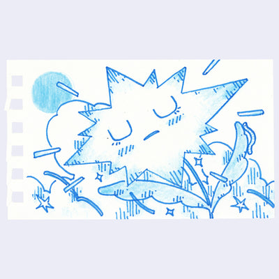 Illustration of an anthropomorphized flower with a sharp, star shaped blossom and a calm, closed eye expression.