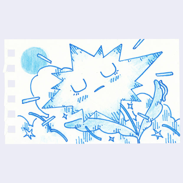 Illustration of an anthropomorphized flower with a sharp, star shaped blossom and a calm, closed eye expression.