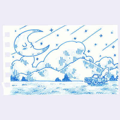 Illustration of a truck on a flat landscape with mountains and a moon in the sky.