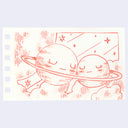 Illustration of 2 anthropomorphized planets, resting up against one another with a large ring around them.