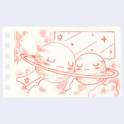 Illustration of 2 anthropomorphized planets, resting up against one another with a large ring around them.
