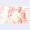 Red line drawing of a stylized bird with a flower on a white background