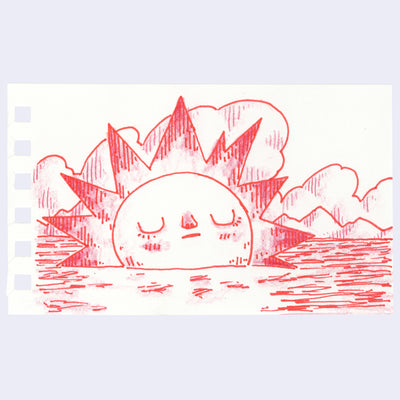 Red line drawing of a sun character with mountains and water on a white background