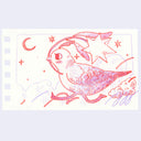 Illustration of a bird with stars and clouds on a light purple background
