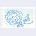 Blue line drawing of a flower with a face and a butterfly on a light purple background