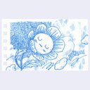 Blue line drawing of a sunflower with a face on a white background