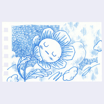 Blue line drawing of a sunflower with a face on a white background