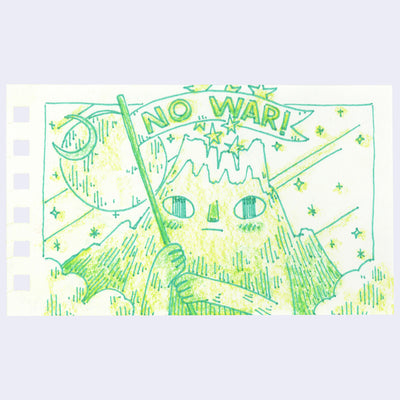 Illustration of an anthropomorphized mountain holding a banner that reads "no war!"