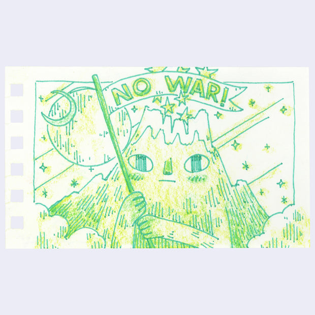 Illustration of an anthropomorphized mountain holding a banner that reads "no war!"