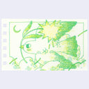 Green line art illustration of a bird holding a sparkly flower in its beak and flying past clouds.