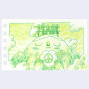 Illustration of an anthropomorphized mountain holding a flower with a peace sign on it. Atop its head is a neon sign that reads 'peace'