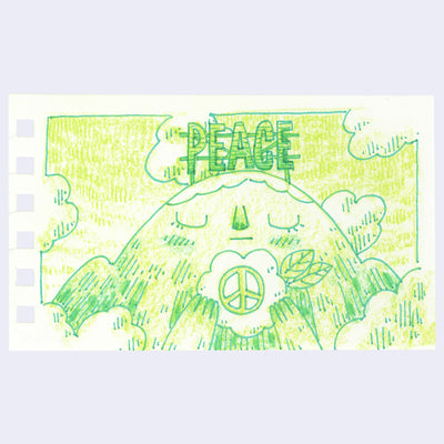Illustration of an anthropomorphized mountain holding a flower with a peace sign on it. Atop its head is a neon sign that reads 'peace'