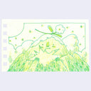 Green line art illustration of an anthropomorphized mountain, taking a bite out of a star.