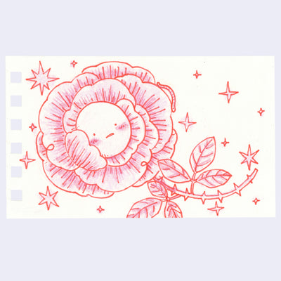 Red line art illustration of a flower with a cute, small face and a thorny stem.