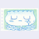 Illustration of an anthropomorphized tulip, with a very large, wide tulip head. It has a closed eye expression and sheds a single tear.