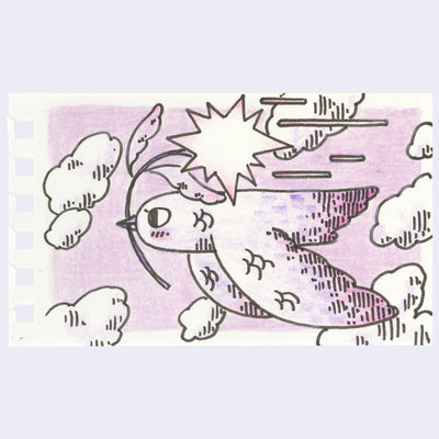 Illustration of a purple bird, flying with a starburst shaped flower in its beak.