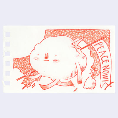Illustration of an anthropomorphized cloud, walking with a banner that reads "peace now!". The cloud has a tiny lightning bolt that sticks out of its head.