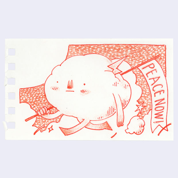 Illustration of an anthropomorphized cloud, walking with a banner that reads "peace now!". The cloud has a tiny lightning bolt that sticks out of its head.