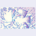 Illustration in pink, blue and purple of a bird flying with a flower in its beak.