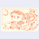 Illustration of an anthropomorphized flower, walking and holding a starburst shaped sign with a peace symbol on it. 