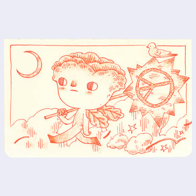 Illustration of an anthropomorphized flower, walking and holding a starburst shaped sign with a peace symbol on it. 