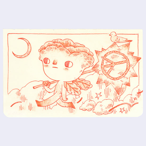 Illustration of an anthropomorphized flower, walking and holding a starburst shaped sign with a peace symbol on it. 