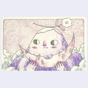 Illustration of an anthropomorphized mountain, taking a bite out of a crescent moon like a slice of watermelon.