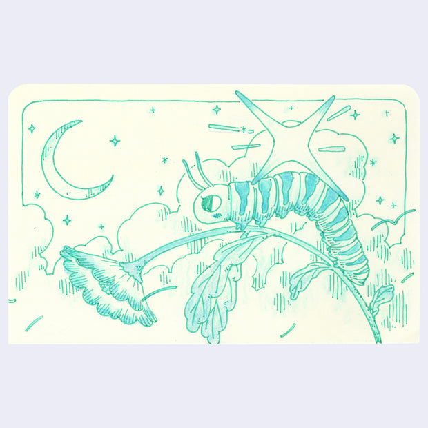 Green line art illustration of a caterpillar crawling on a flower stem, bending the stem. A large star is balanced atop its back.