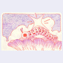 Illustration of a caterpillar on a wide open flower with a purple background