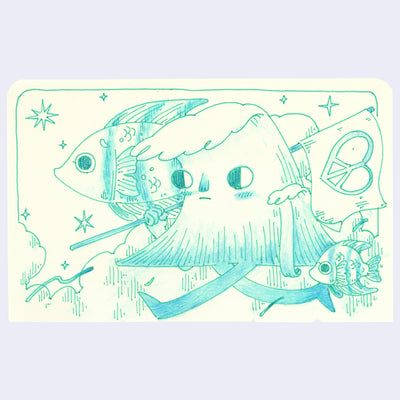 Illustration of an anthropomorphized wave, walking with a banner flag of a heart shaped peace symbol. Behind, floats along a large fish.