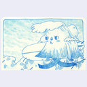 Illustration of an anthropomorphized wave, walking and whistling while carrying a surfboard under its arm.