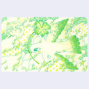 Green and yellow illustration of a bird flying and holding a clover with a long stem in its beak against many clouds.