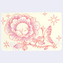 Illustration of a flower with a face, butterfly, and stars on a light background