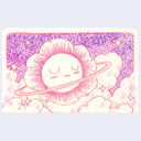 Illustration of an anthropomorphized flower with a calm expression, modeled like a planet floating in the sky with a ring around it.