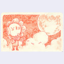 Illustration of a flower-like character with clouds and sun in the background