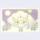 Illustration of a cloud character holding a moon, surrounded by swaying trees on a light purple background