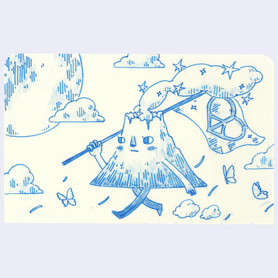 Illustration of an anthropomorphized mountain walking along with a flag and a peace sign on it.