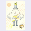 Illustration of an anthropomorphized cloud with a floating hat with an apple on it. The cloud holds a lightning bolt with a bite taken out of it.