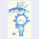 Illustration of a sun character holding an umbrella with a star above, on a light purple background.